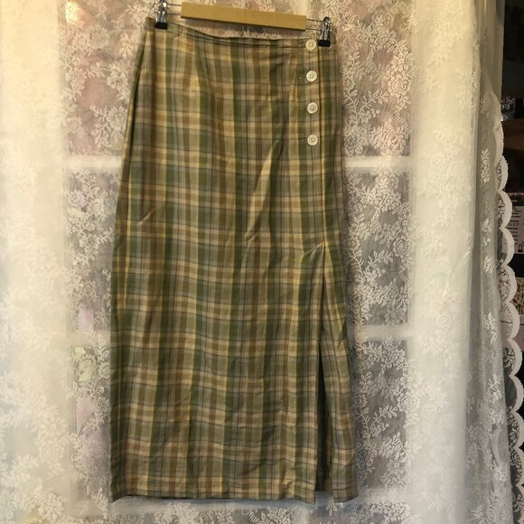 Vintage Gap Plaid Madras long Linen Skirt 8 Med Side Buttons Slit Green Brown - Picture 1 of 7
